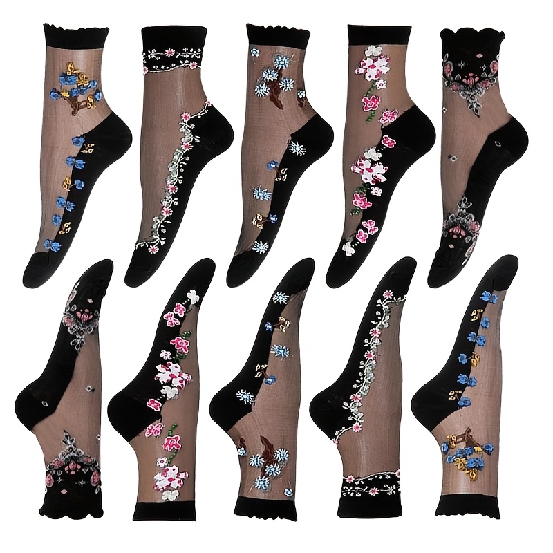 TEMU 5pairs Ladies' Summer -thin See Through Lace Mesh Ear Tube Socks, Comfortable And Breathable, Flower Print Anti Hook Elegant Daily Stockings