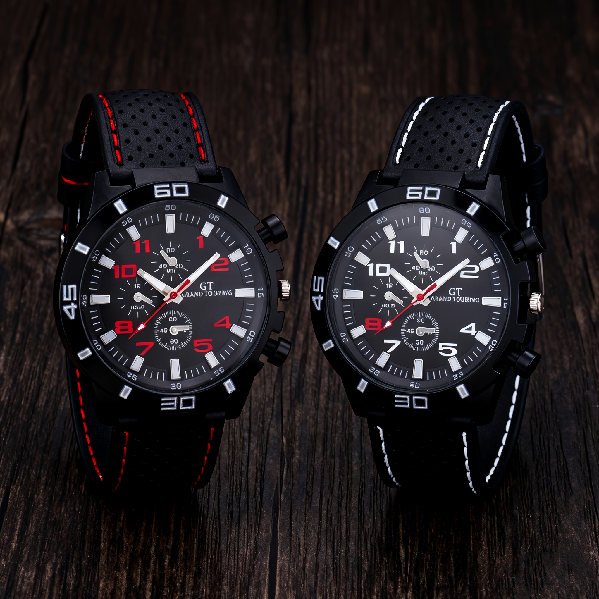 TEMU 2pcs Men's Quartz Watches With Function, Black/red Silicone Strap Sport Watches, Fashion Men's Wristwatch Set