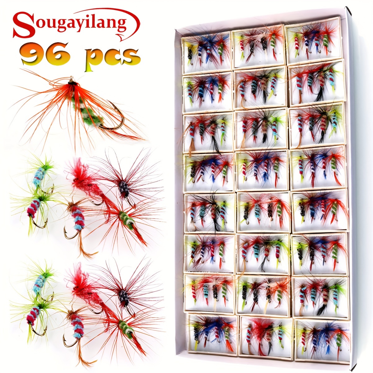 Sougayilang 96pcs Fishing Flies Set, Dry Fly, Scud, Nymph For Trout,  Grayling, Panfish, Carp Lures (Random Color)