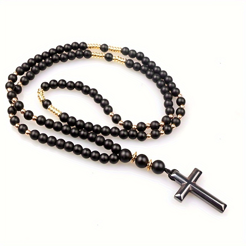 

1pc Man's Unique Necklace, 6mm Natural Stone Bead & Hematite Cross Pendant Necklace Fashion Jewelry