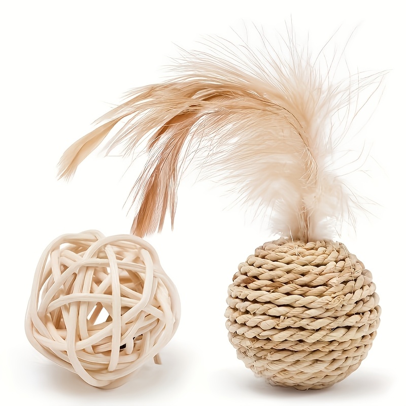 Image of Set Of 2 Cat Toy Balls Designed To , Featuring Sisal For Dental Health, Durable Against Chewing And Scratching, Produces Sound, And Includes A Large Ball With A Lifelike , Without Battery