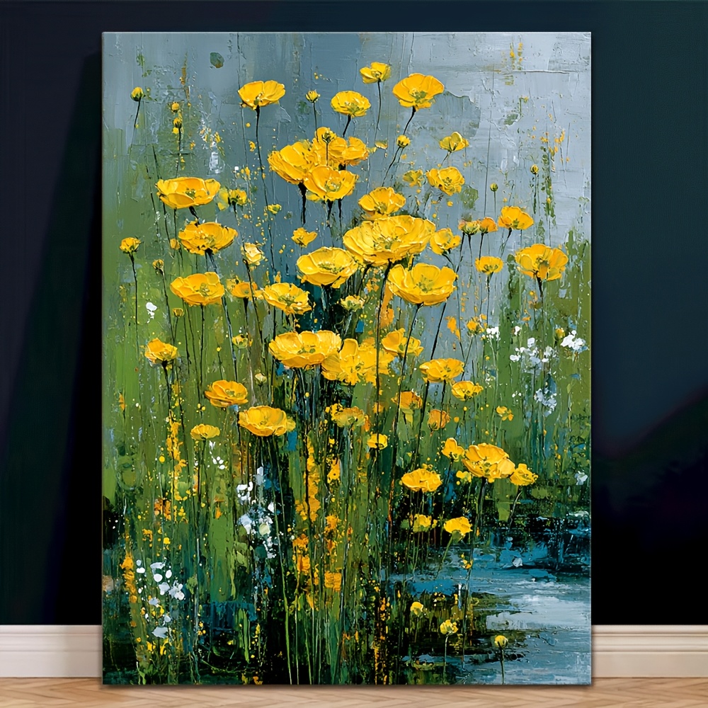 TEMU 2d Flat, 2d Flat1 Modern Minimalist Abstract Canvas Art - Butter Yellow & Green Floral Wall, Uv-resistant , Suitable For Living Room Bedroom