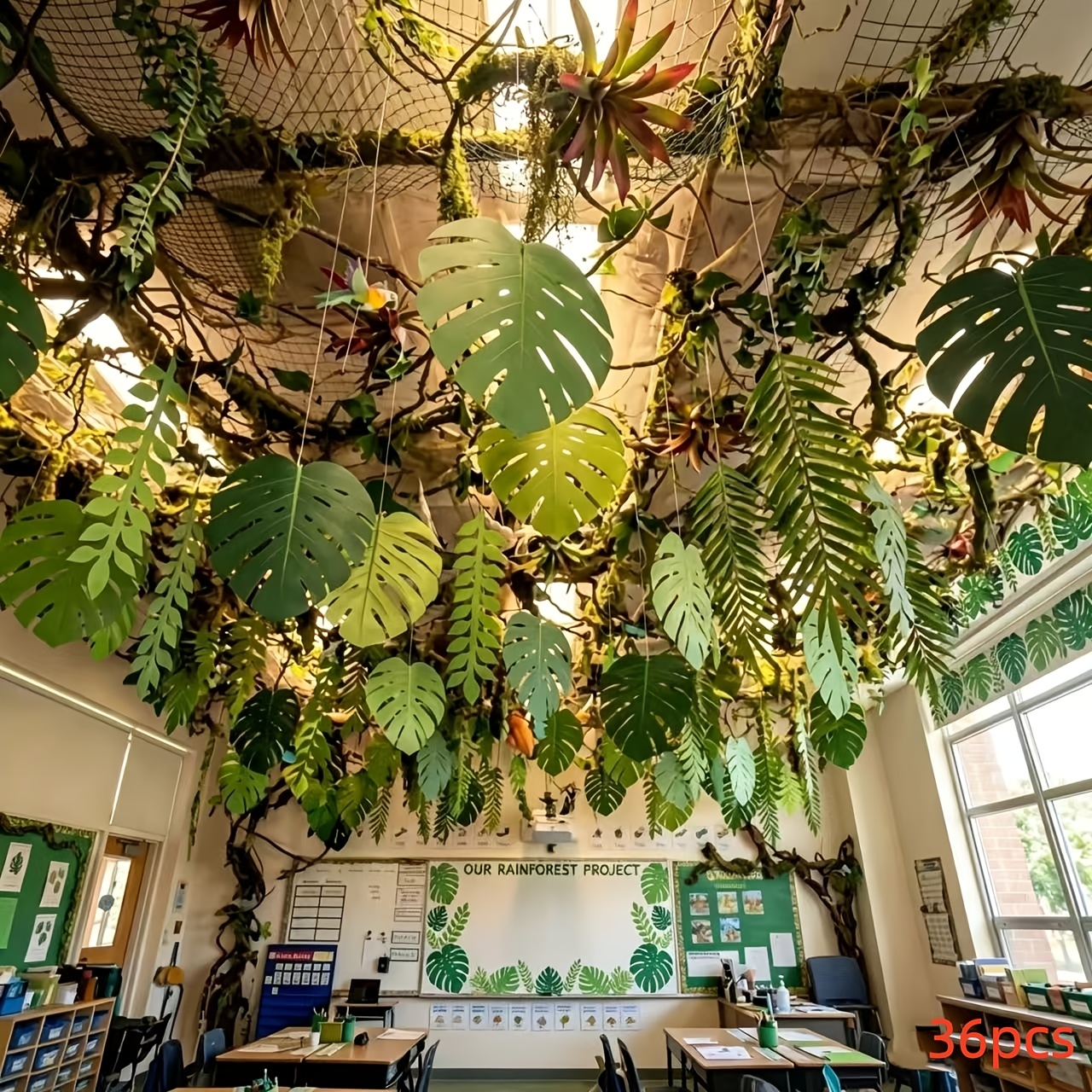 TEMU 6/12/18/36pcs, Décoration de Fête avec Guirlandes de Feuilles de Palmier de Forêt , Décoration Suspendue avec Fil, Fête d'Anniversaire Hawaïenne