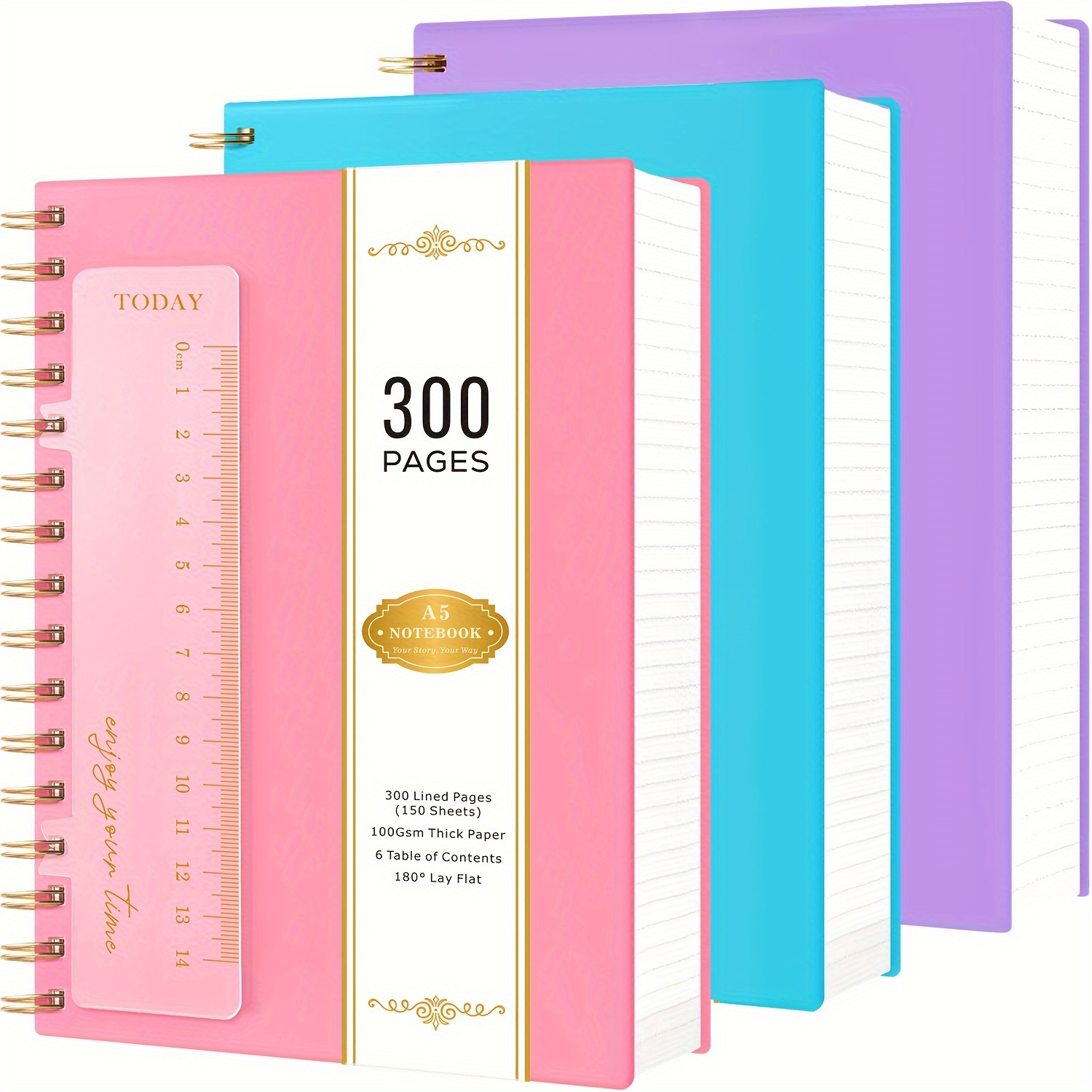 

Spiral Notebook Journal, 3 Pack A5 Notepad With 300 Pages Lined Paper, Hardcover Notebooks College Ruled With 100gsm Paper, Pvc Waterproof Cover Note Pad, 5.7'' X 8.4'', With Bookmark