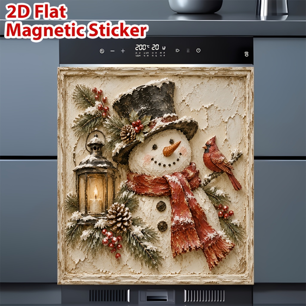 TEMU 2d Flat Magnetic Dishwasher Cover, 1pc, Vintage Snowman , Reusable, Scratch-resistant And Easy To Clean, 23x25., Suitable For Dishwashers And