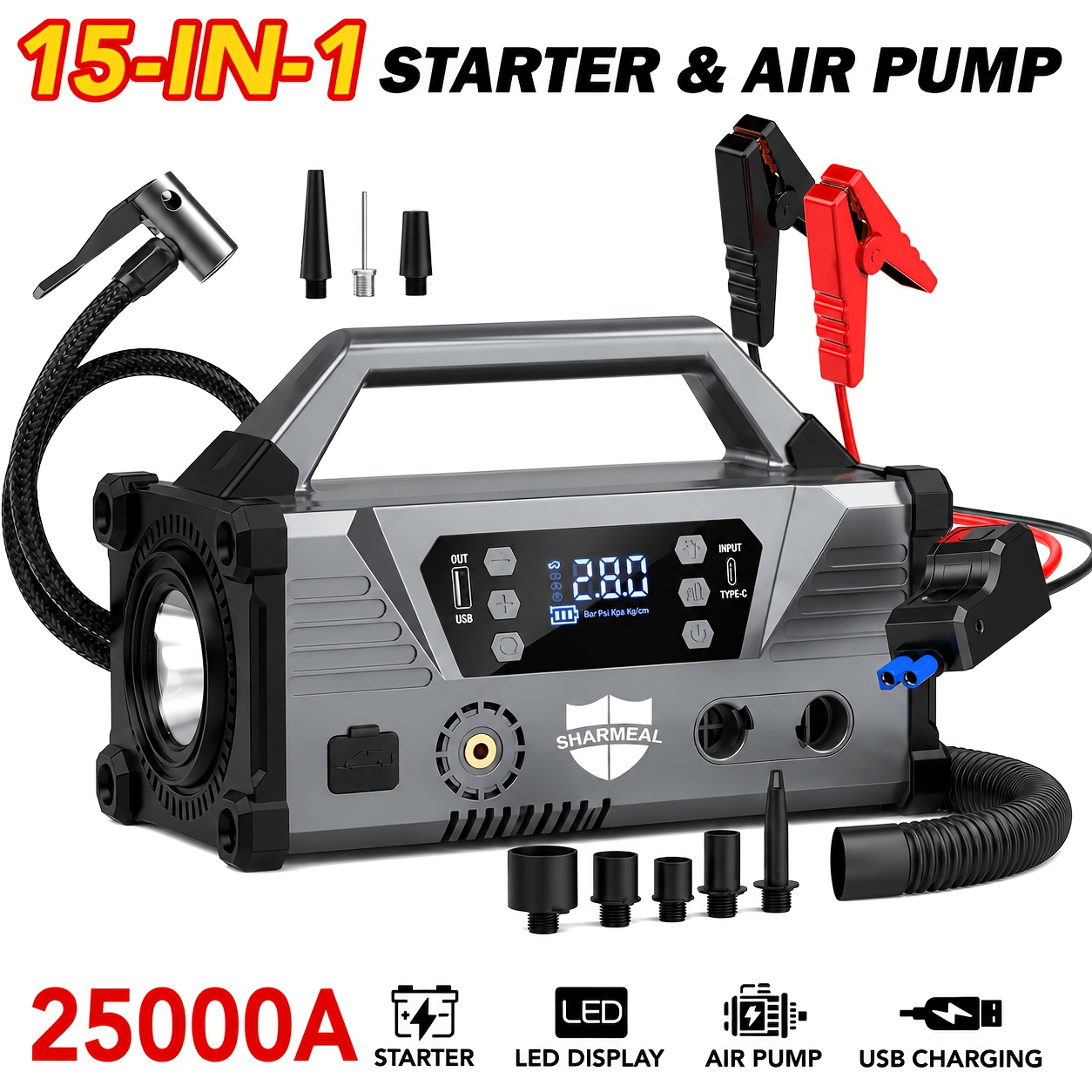 TEMU Multifunctional 15-in-1 Jump Starter With Air Compressor 25000a 160psi Charging, Portable Car Battery Jump Starter (all Gas/all ) Jump Box Car