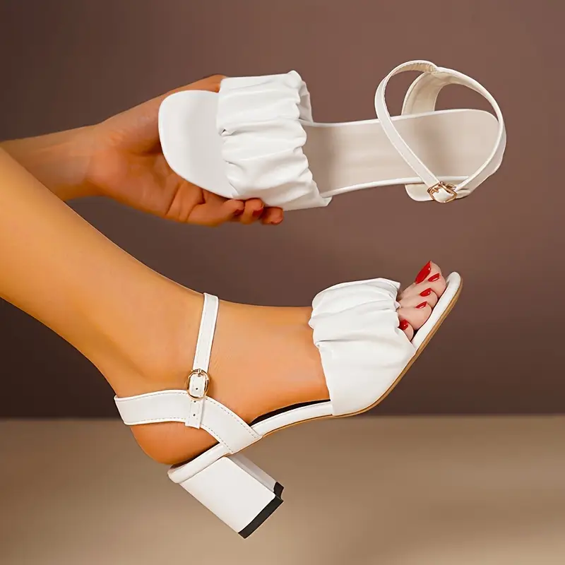 womens pleated design chunky heel sandals open toe dress pumps stylish strap sandals details 1
