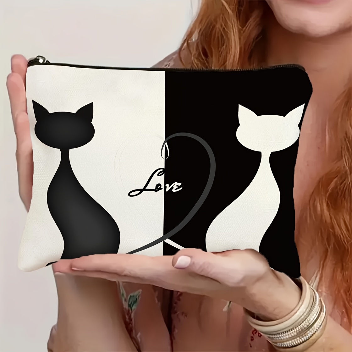 Image of Cat Cosmetic Bag - A Lightweight Polyester Companion For Cosmetics And Toiletries, A Romantic Partner To Carry Along