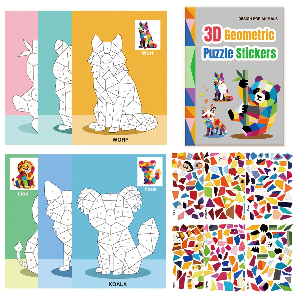 Image of 3d Geometric Sticker Puzzles For Kids, Featuring Cartoon Animals, A Creative Sticker Book, Portable Handmade Collage Stickers, And Gifts For Children