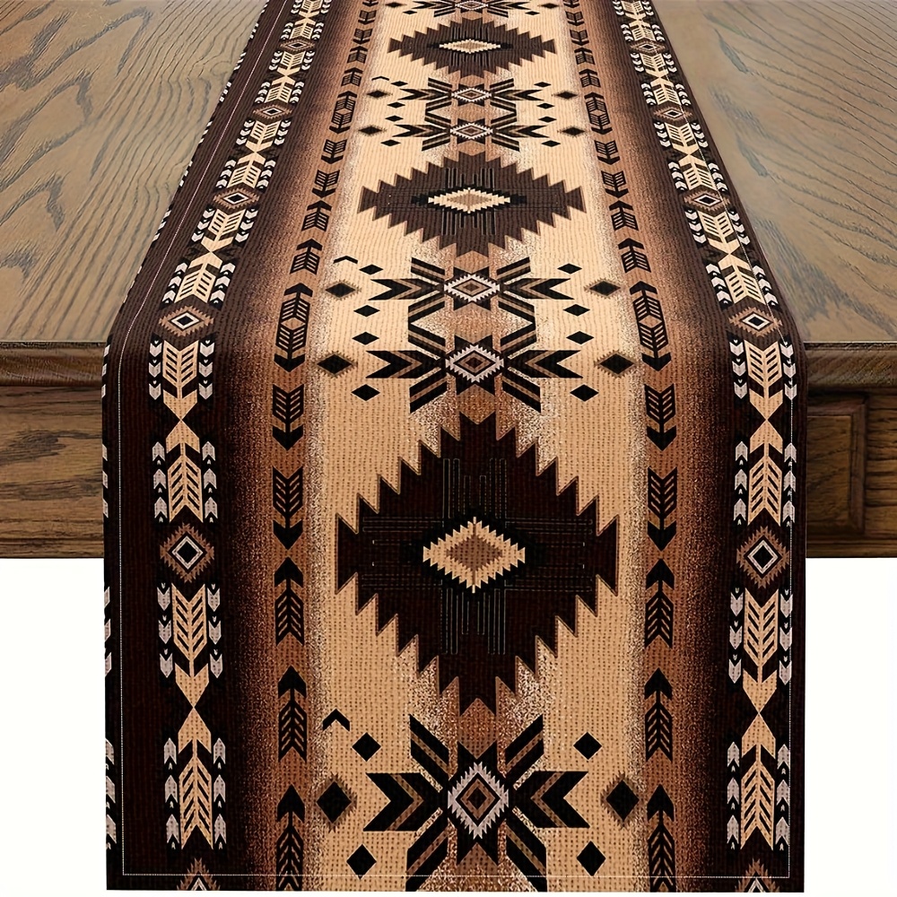 TEMU 1pc Local Table Runner, Kitchen Dining Table Decoration, Western Geometric Pattern Table Runner, Living Room Vanity Scarf In Brown Tribal Style,