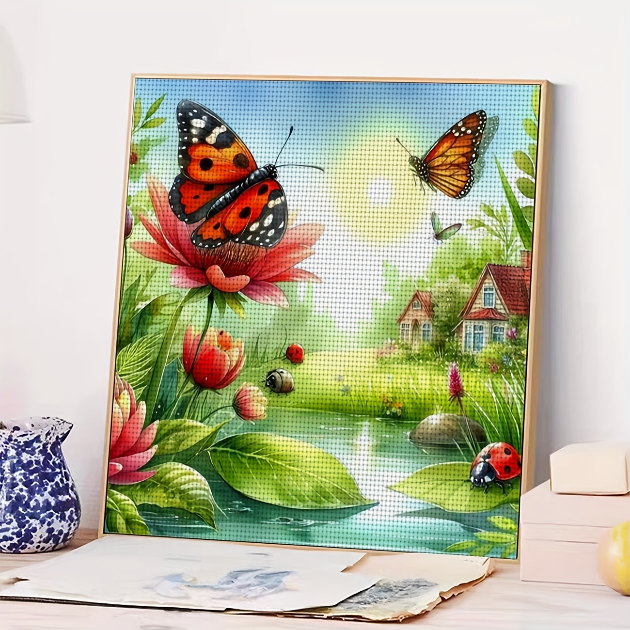 Printed Cross Stitch Kit, 'Butterflies and Ladybugs in the Garden' Pattern