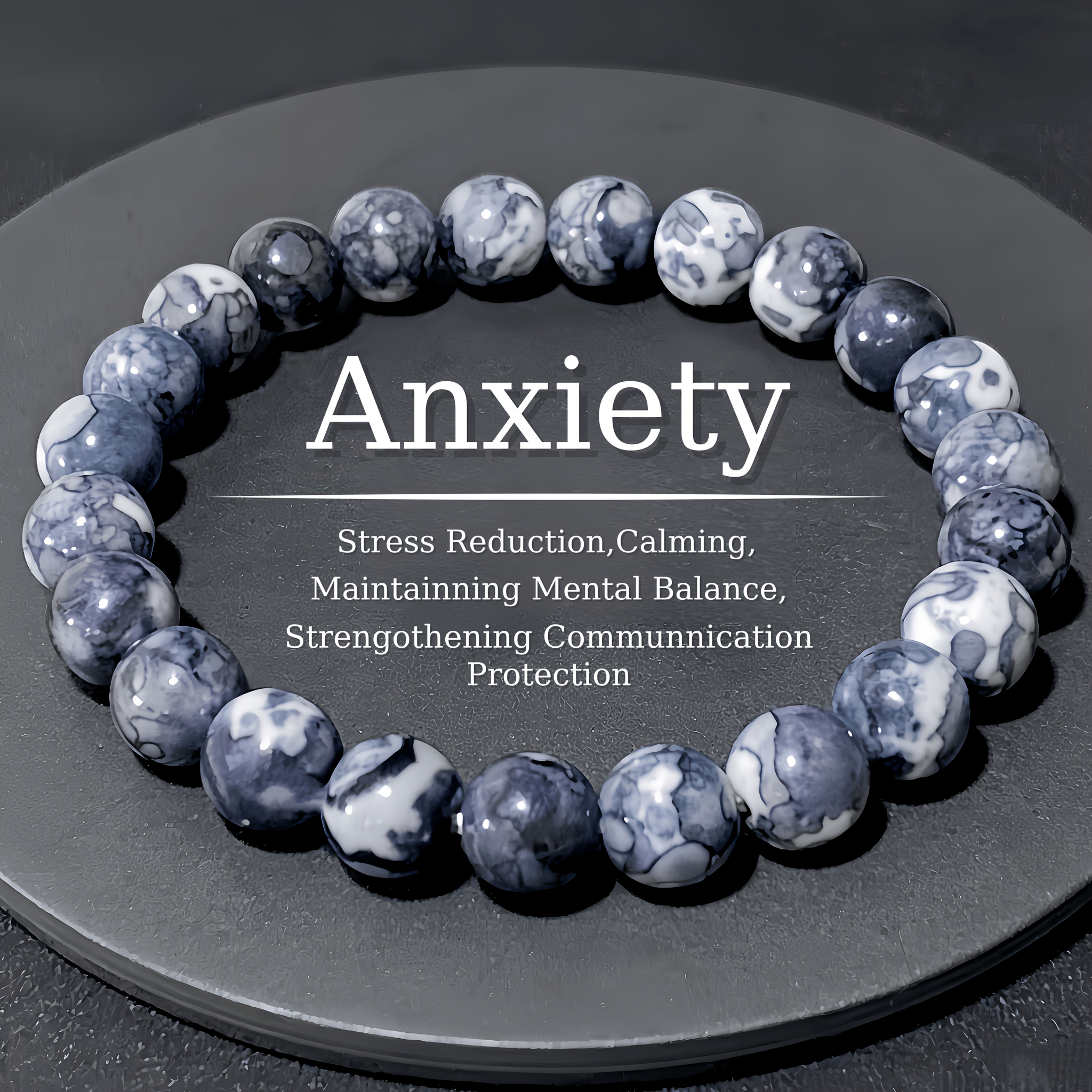 one piece of an anxiety relief bracelet made from sunset   featuring natural stone beads designed to   negative feelings into positive   ideal for everyday   is perfect for the workplace for   under stress