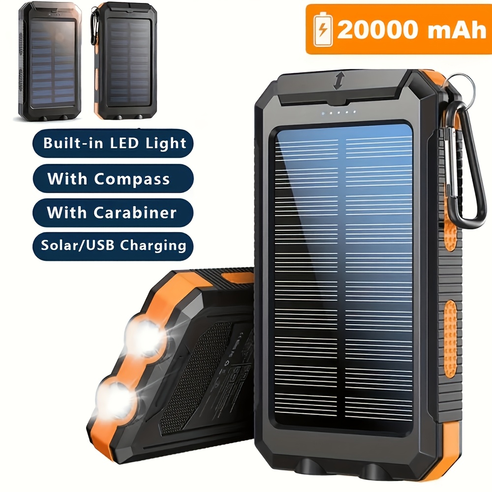 20000mah portable solar power bank portable solar mobile phone charger camping external battery charger for mobile phones 2 usb led flashlights with compass for outdoor activities