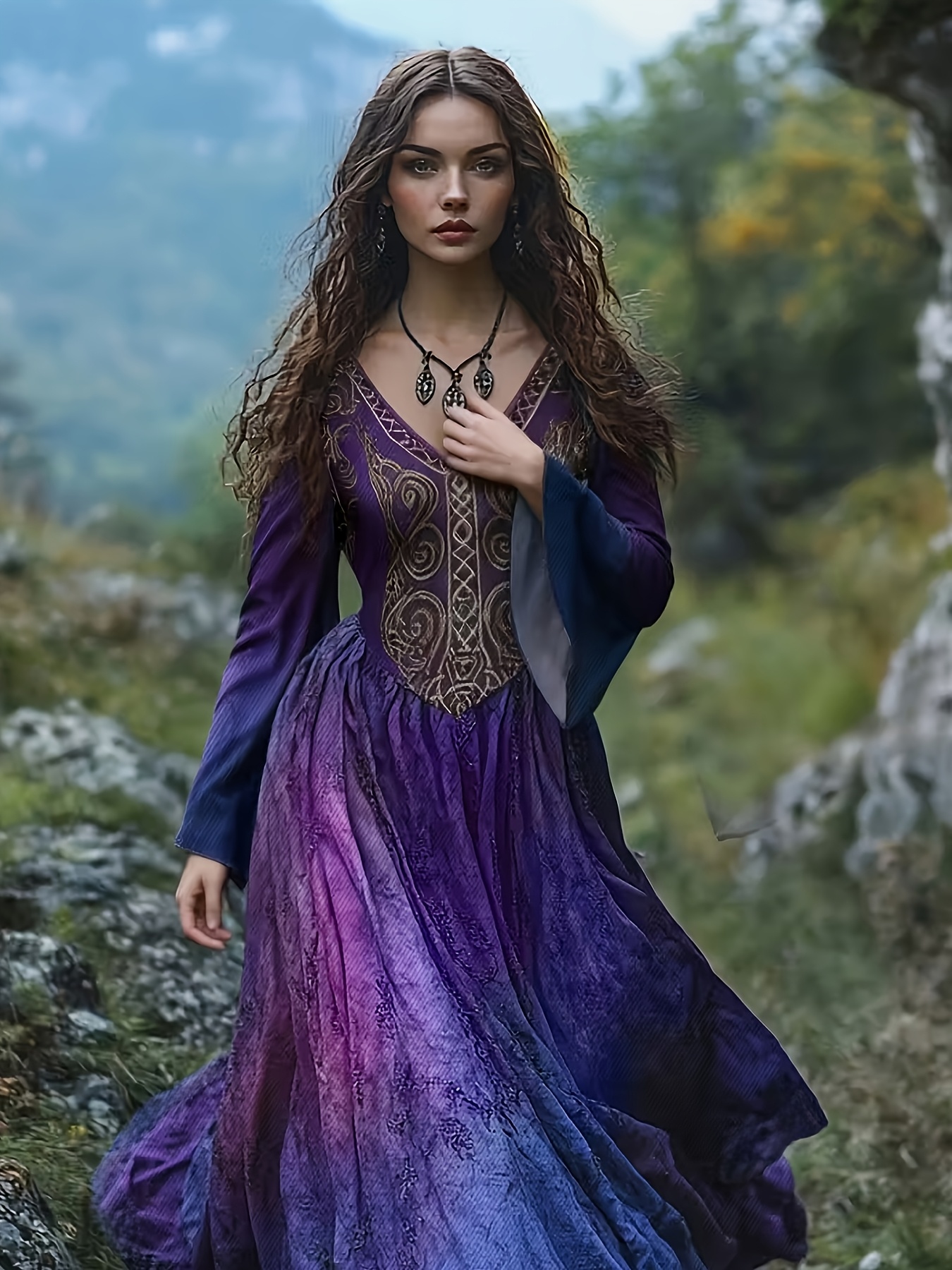 womens vintage celtic viking v neck maxi dress bell sleeves - Temu Ireland