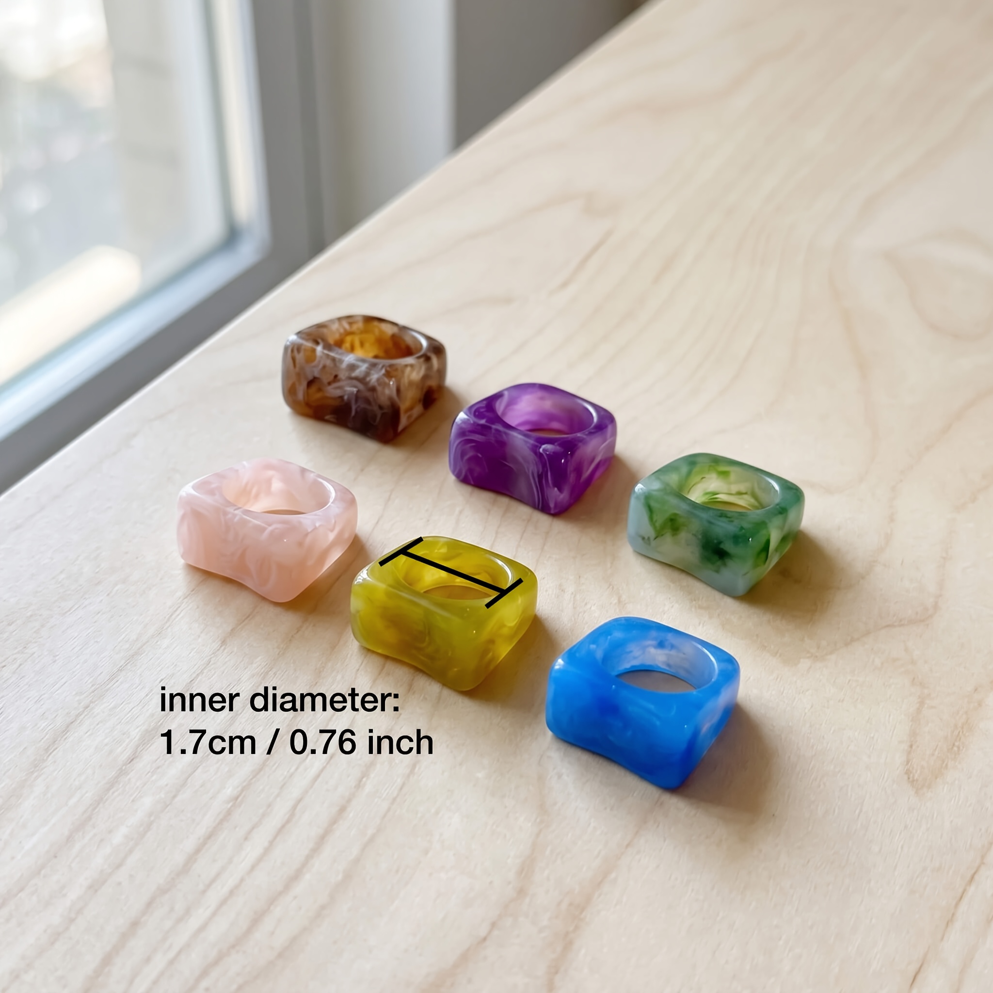 6pc Mixed Color Resin Rings Set, Gradient Geometric Design