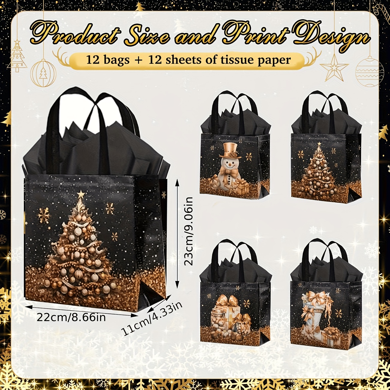TEMU Ensemble de 24 sacs cadeaux de Noël, comprenant 12 sacs et 12 feuilles de papier de soie, sacs cadeaux de Noël noirs et dorés réutilisables pour