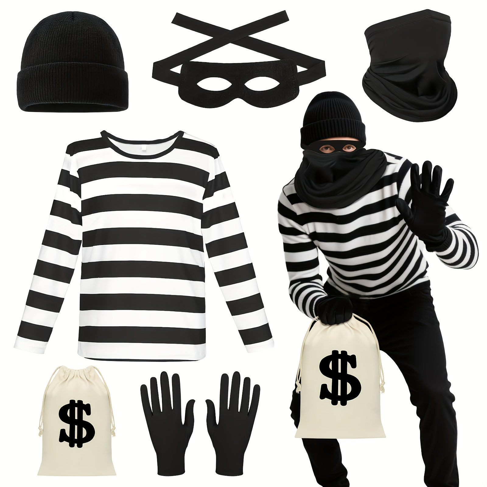 6pcs Character Male And Female Costumes, Including Black And White Striped Tops, Beans, Masks, Gloves, Neck Masks, And Halloween Party Bags