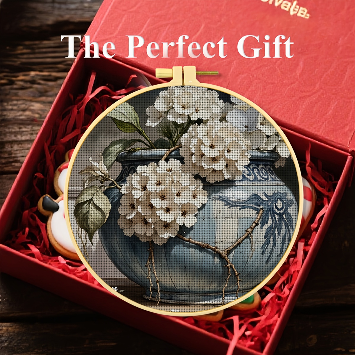 Round Cross Stitch Printed Kit with Hoop, "Blue And White Potted White Hydrangea" Pattern