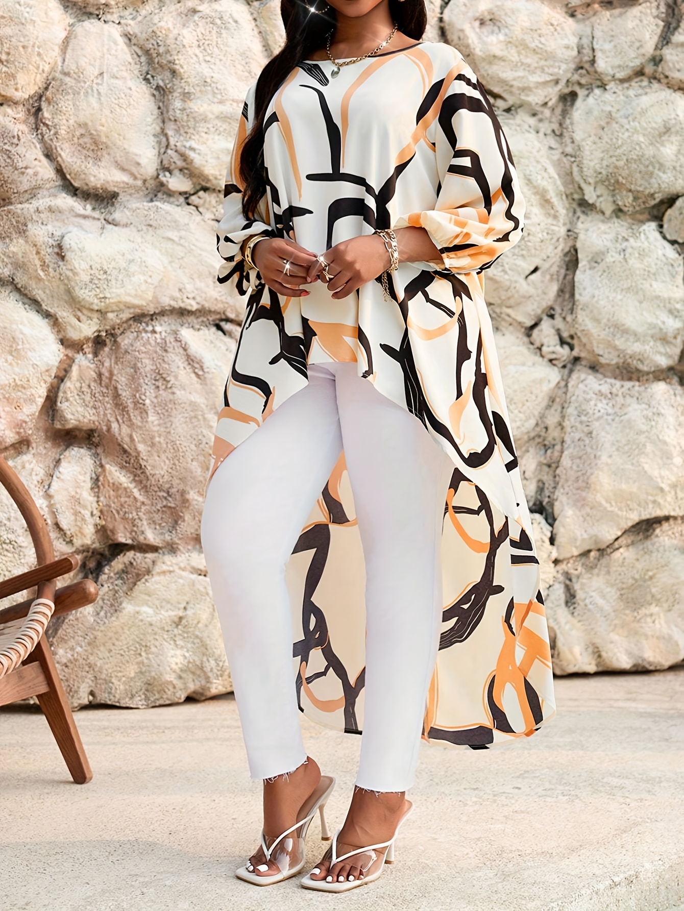 womens plus size abstract print blouse elegant summer shirt with asymmetrical hem round neck machine washable white   beige casual to formal wear versatile fashion flowy fabric top apricot 6