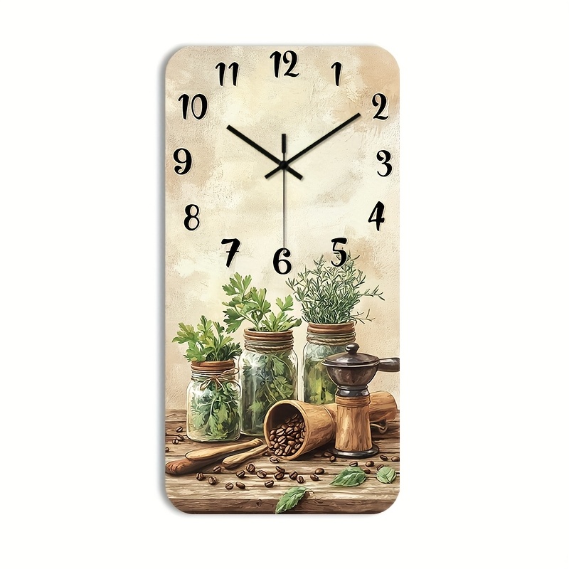 E-shop 1 Stück Holz 2D Flachwanduhr ohne , mit dekorativem quadratischem Design. Sie zeigt eine rustikale Küchenszene mit Kräutern und Kaffeebohnen,