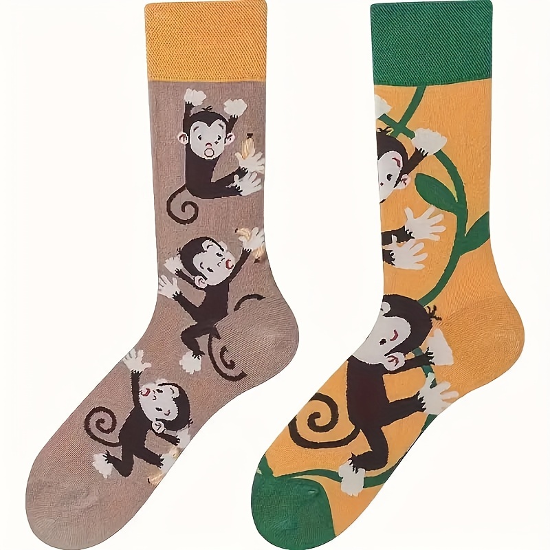 

Men's Fashionable Cartoon Monkey Crew Socks - Breathable, All