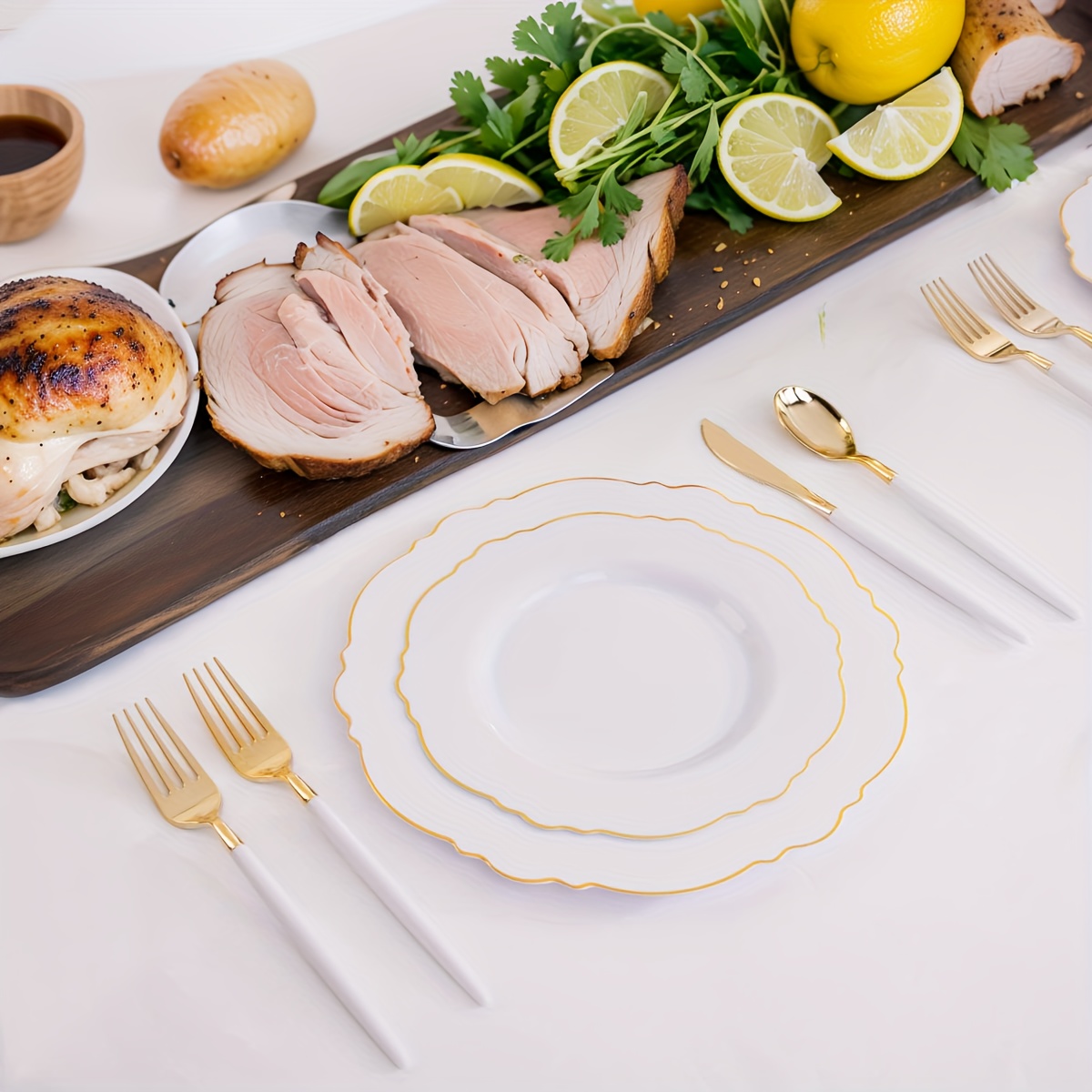 

Wdf 300/150pcs White Plastic Plate And Disposable Golden Plastic Golden Handle Silverware - White And Golden Plastic Tableware High-end Wedding And Party, New Year Tableware Set 60/30 Guests