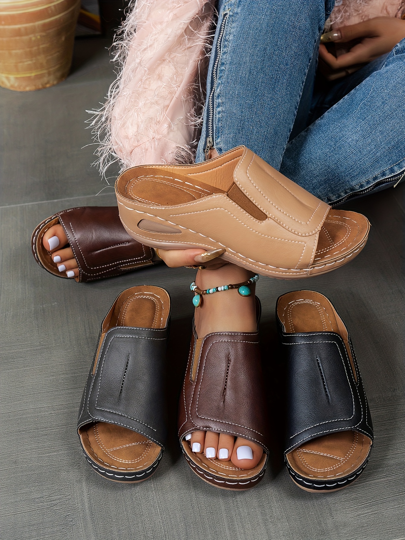 Women's Modern Vintage Slide Sandals Solid Color 70s Style Mules,  Non-Slip Thick Sole Commuter Shoes, Vintage Casual Shoes