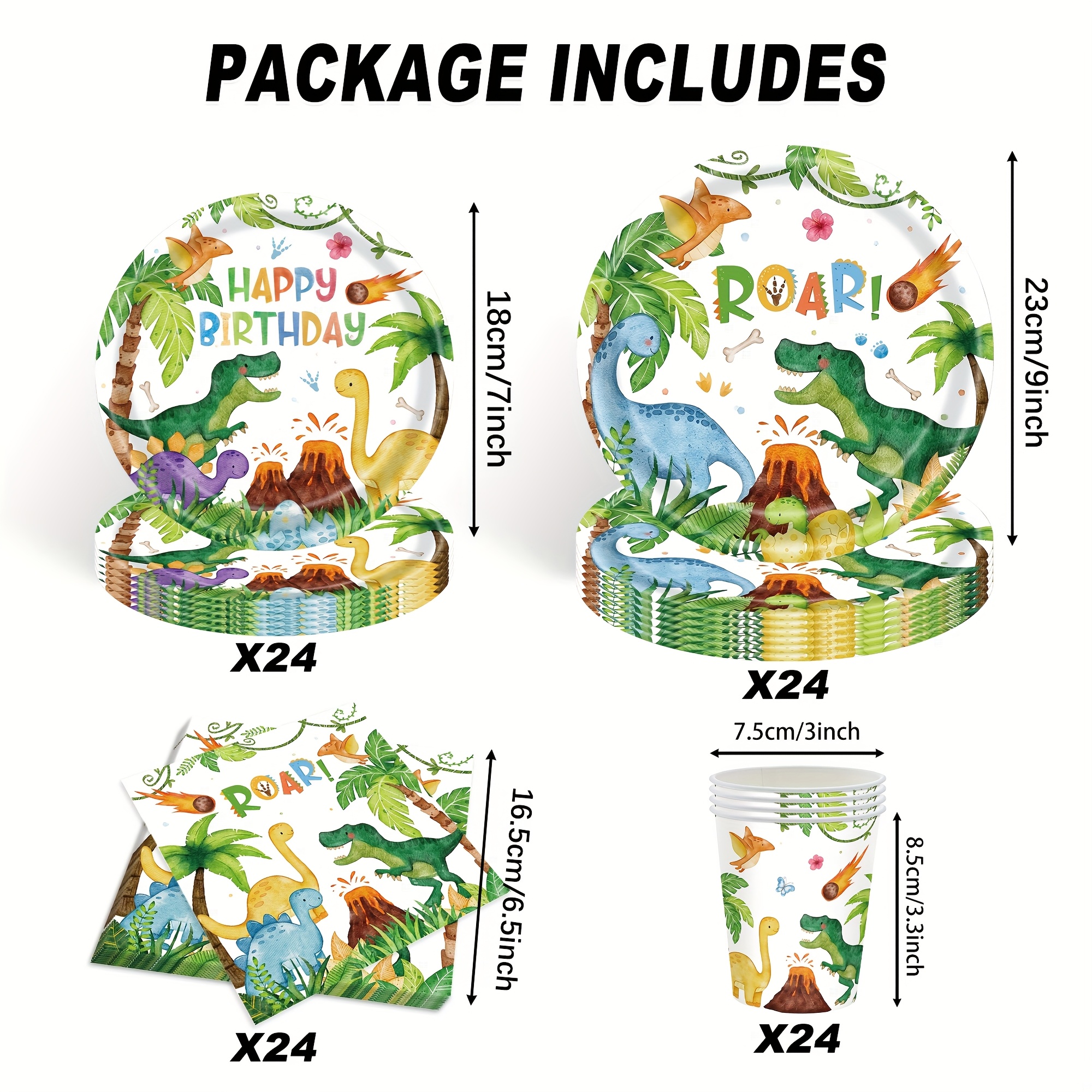 Image of 96pcs Cartoon Dinosaur Themed Party Tableware Set, Including Paper Plates, Napkins, Paper Cups, Birthday Party Supplies, Holiday Decorations, Party Packs I Perfect For Halloween