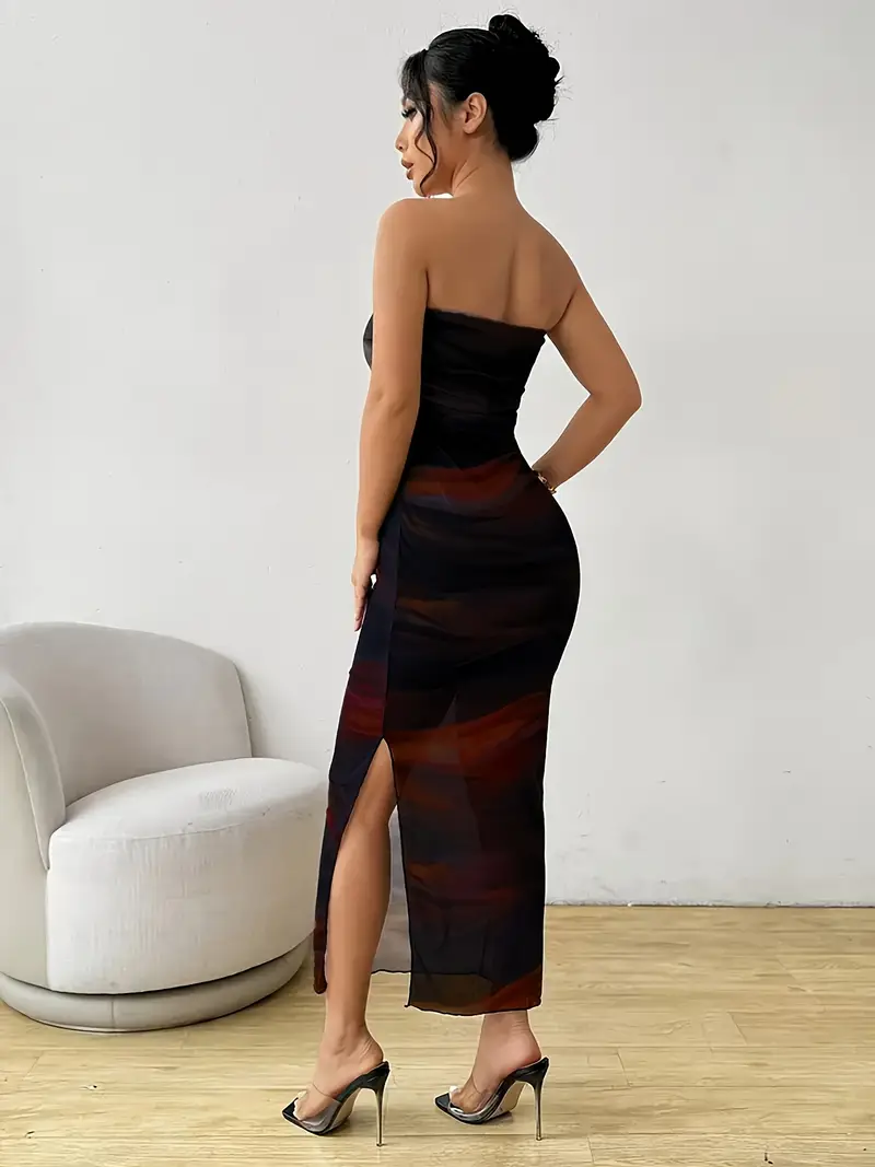 shoulder mesh panel bust dress side slit elegant - Temu Mexico shoulder mesh panel bust dress side slit elegant - Temu Mexico