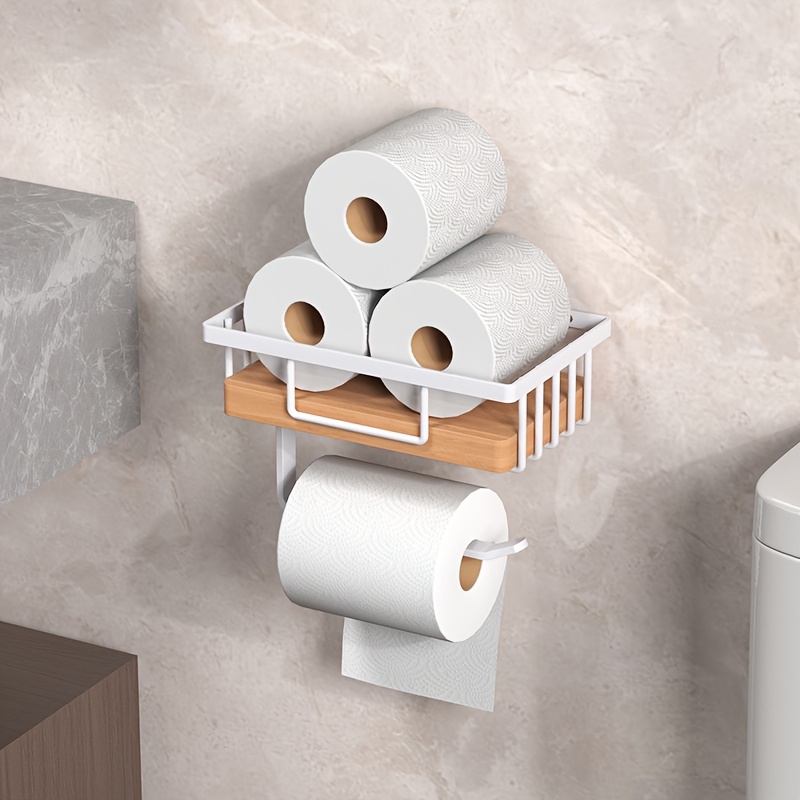 1pc Wooden Toilet Paper Holder With Shelf - Self-adhesive Wall-mounted Roll Holder, Durable Toilet Paper Stand, Bathroom Tissue Storage Rack, Storage Basket, Bathroom Accessory