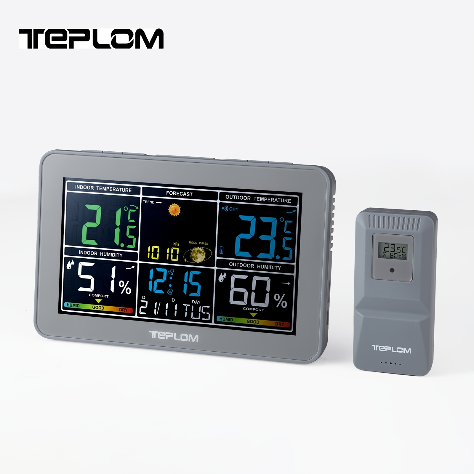Image of 1pc Teplom Weather Station Wireless Indoor Outdoor Thermometer, Color Display Weather Thermometer, Digital Temperature Gauge With Barometer, Calendar, Usb Charge And Adjustable Backlight