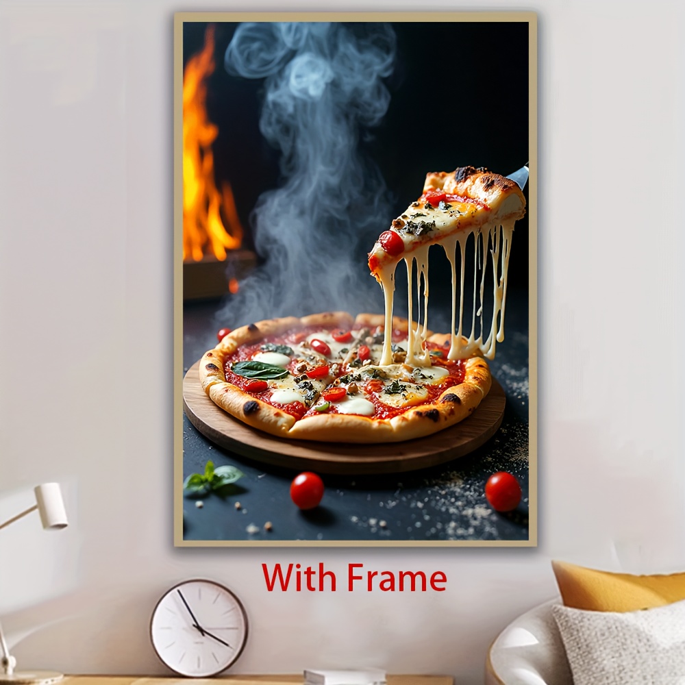 TEMU 1pc Framed Pizza Wall Art - Realistic 3d Pizza With Melting Cheese, Fresh Basil & Tomatoes, Ideal For Home, Office, Restaurant Decor, Birthday &