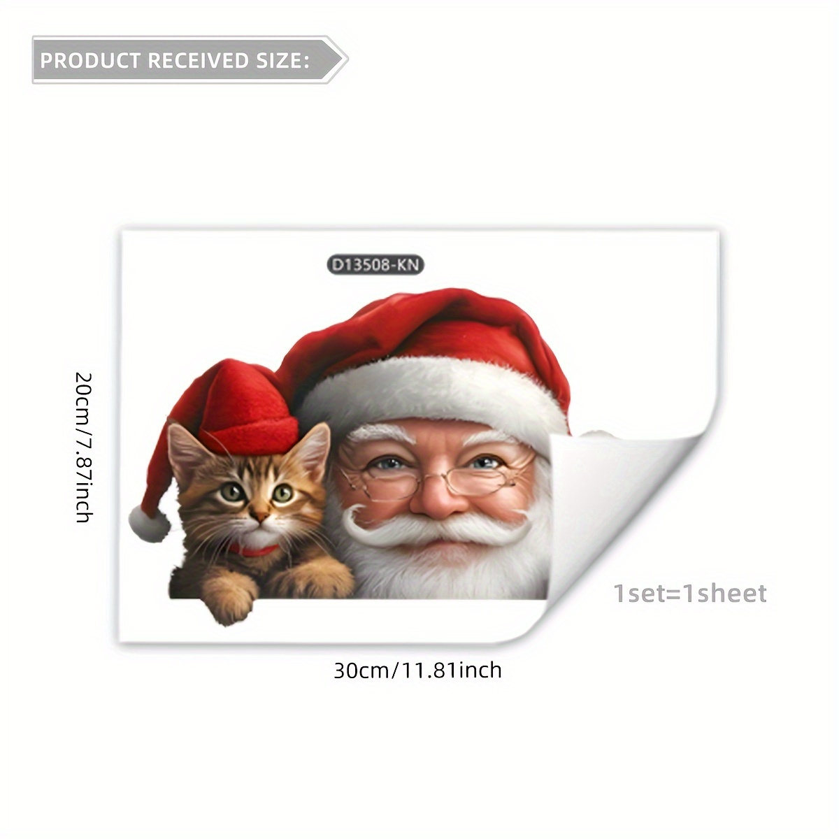 1pc (7.87x11.81in) Creative Simulation Realistic Santa Claus Kitten Snowflakes Christmas Decoration Double-sided View Window Glass Sticker D13508-kn