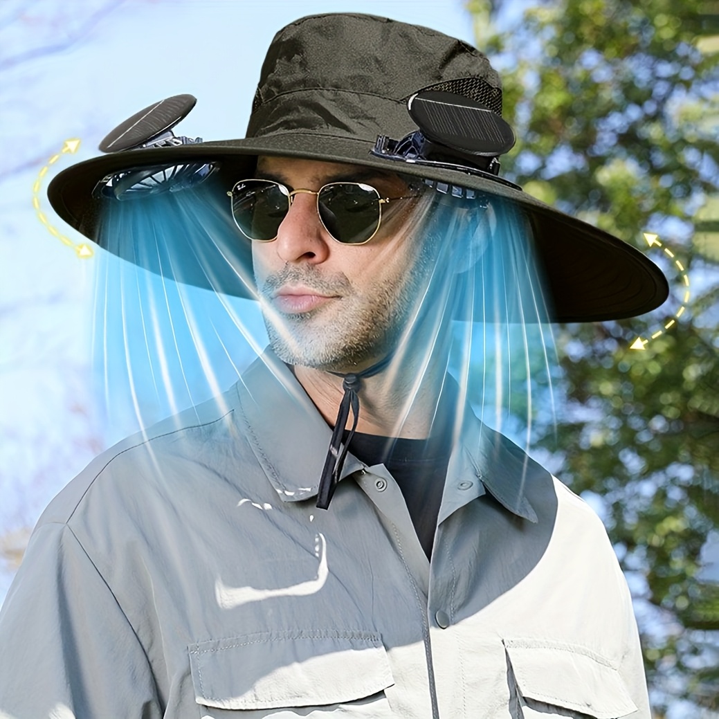 TEMU Men's Outdoor Hat Wide Brim Solar Fan Outdoor Fishing Hat Men's Outdoor Hat - Usb Rechargeable, High Quality Men's Sun Hat