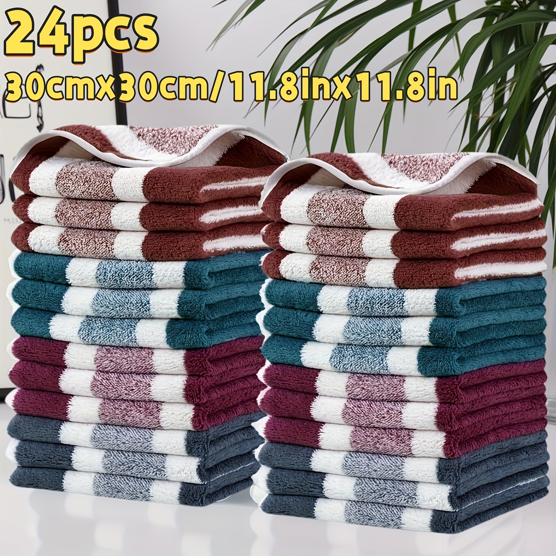 Image of 24pcs Set 30cm X 30cm/11.8 X 11.8in Wide Strip Patterned Small Towels, Hand Towels, Cleaning Cloths, Coral Fleece, Super Absorbent And Soft, With Hook For Convenient Use