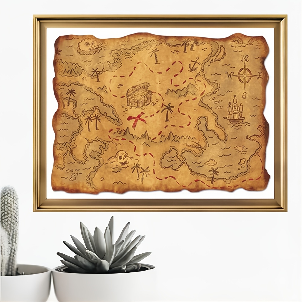 TEMU 2D Flach, Vintage Piratenschatzkarte Leinwandkunst - Rahmenlose Abenteuer-Wanddekoration, Ideal für Nautische -Zimmerdekoration, Perfektes