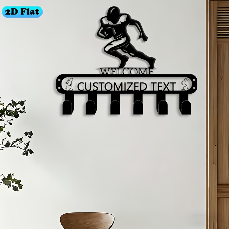 2d flat 1  name for sports football player key hook metal wall art hooks for coats hats keys umbrellas dog leashes   entryway front door porch   heavy duty fathers day graduation ideal gift for sports fans