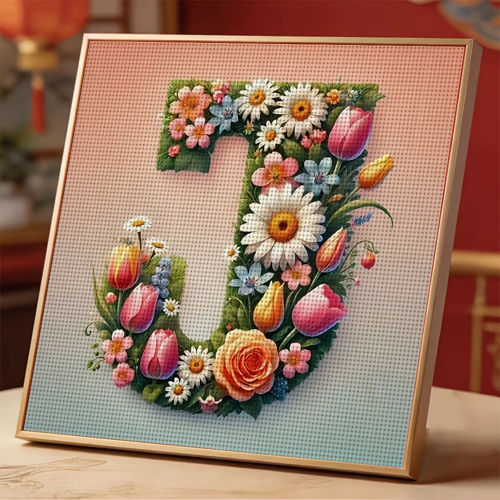 Frameless Stitch Printing Kit, Floral Composition of Letter J