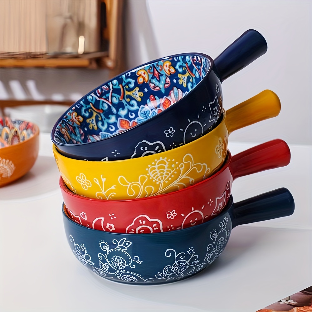 2pcs Bohemian Ceramic Salad Bowls with Handles – 22cm, Microwave & Oven Safe
