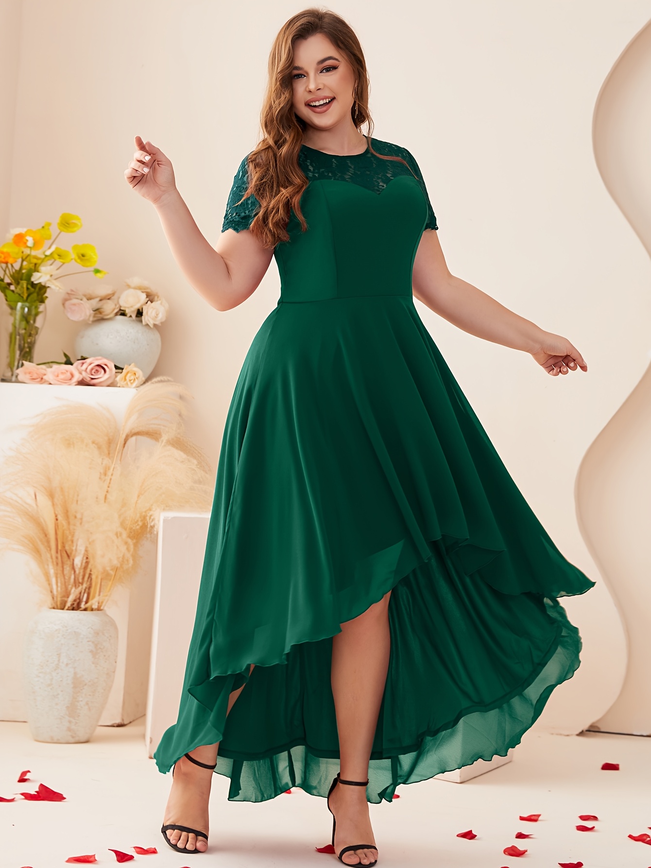white christmas dresses Junior Plus Size Floral Chiffon Sweetheart Neckline Midi Dress Ivory / 1X-2X-3X/1-1-1