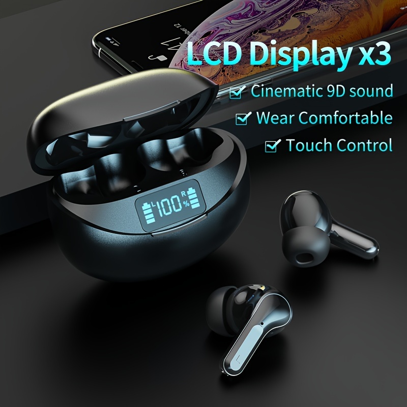 Fones de ouvido estéreo sem fio verdadeiros, fones de ouvido com cancelamento de ruído TWS, fone de ouvido esportivo à prova d'água, fones de ouvido com controle de toque e estojo de carregamento LED_voghion.com
