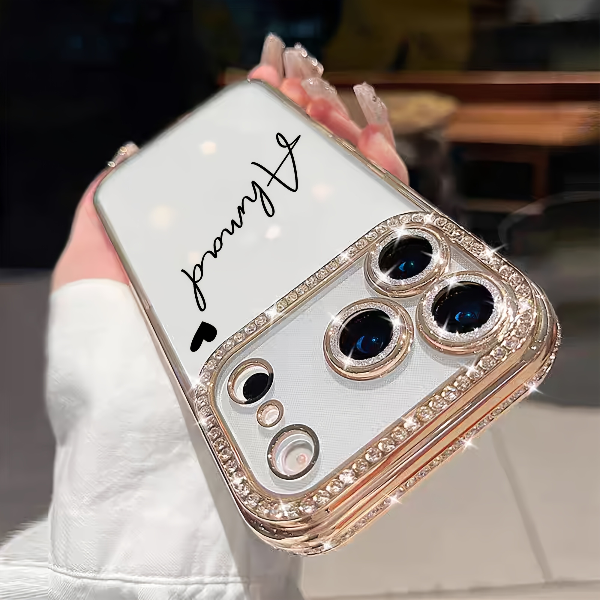 TEMU Phone Case - Personalized Custom Name Heart Handwritten Name Glitter Rhinestone Border Phone Case Compatible With Iphone 17 16 15 14 13 Pro Max