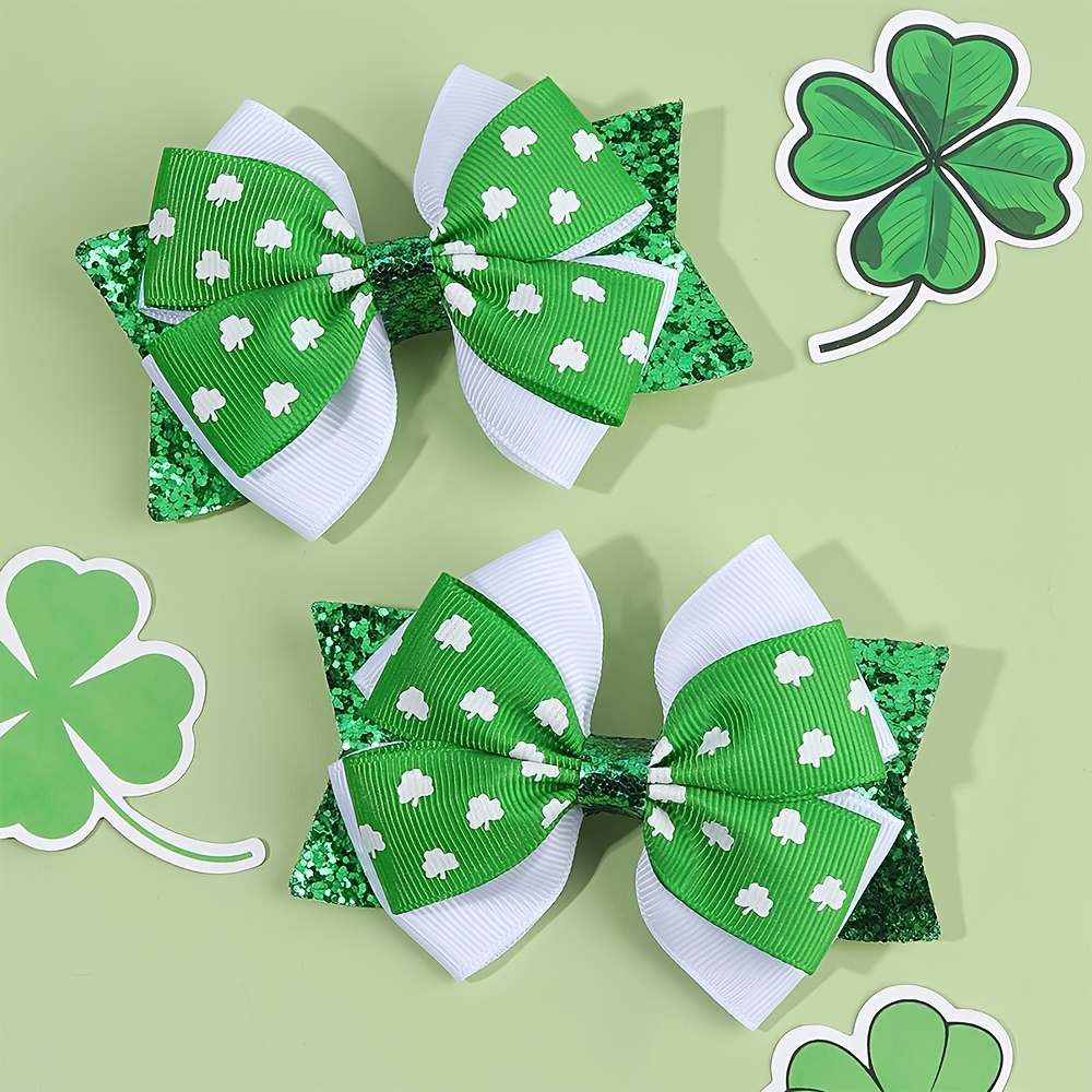 

2pcs Sparkling Green Shamrock Bow Hair Clips For Girls - Glittery Clover Design, 's Day & Celebrations - Polyester, Ideal Gift For Teens, Hair Accessories For Girls