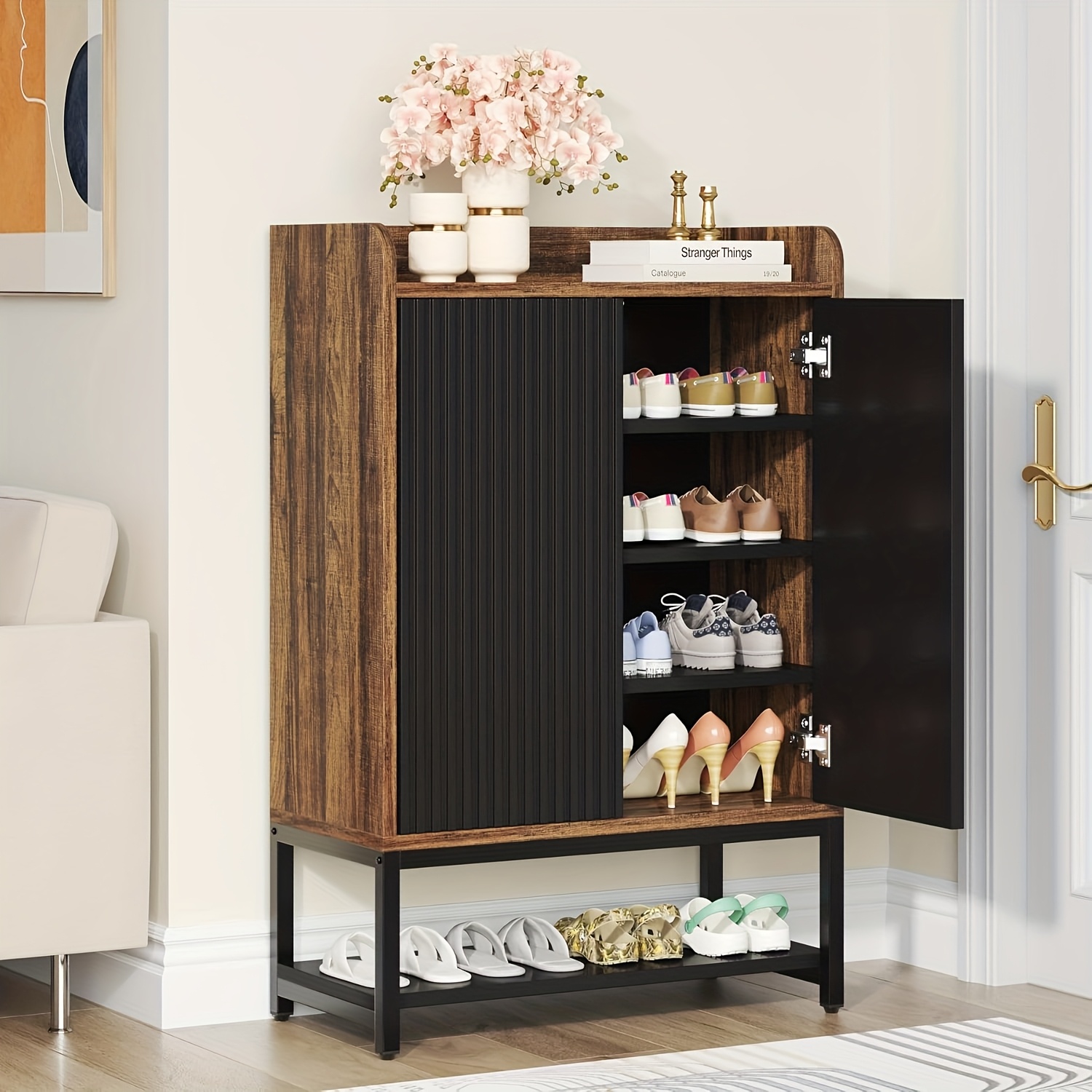 5-tier Wooden Shoe Cabinet With Doors - Shoe Rack Organizer For Entryway, Hallway - Spacious Storage, Stylish Black And Brown Finish, Sturdy Design For Home Use