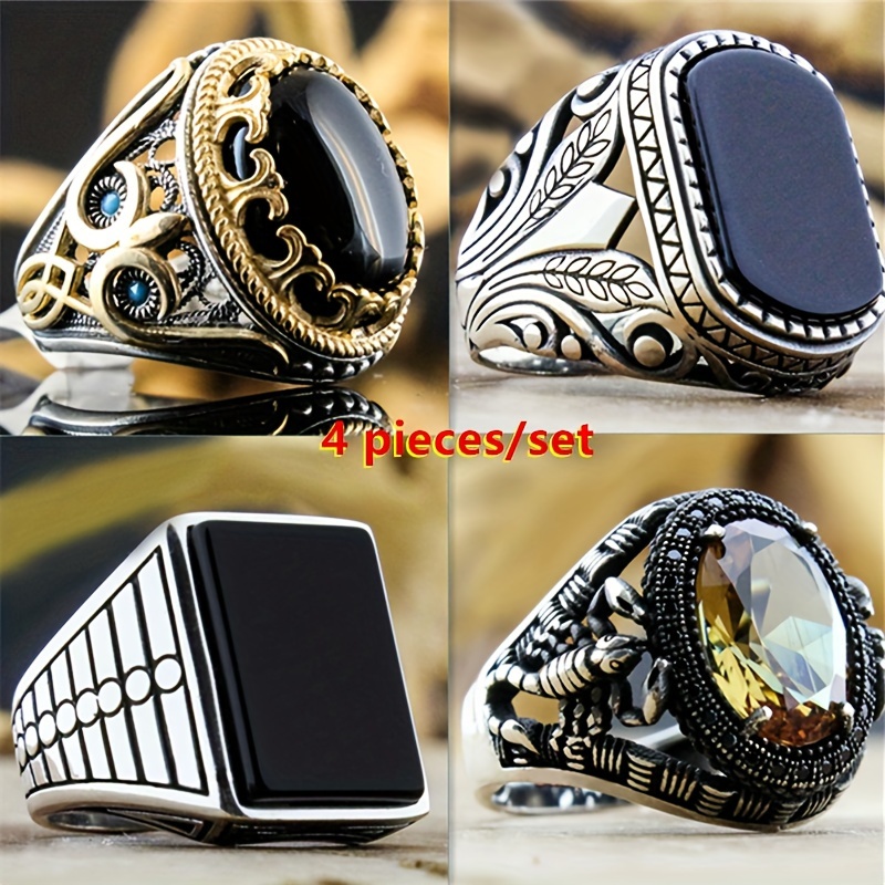 

4pcs Patterned Black Colored Cubic Zircon Rings With Multiple Styles To , Making For