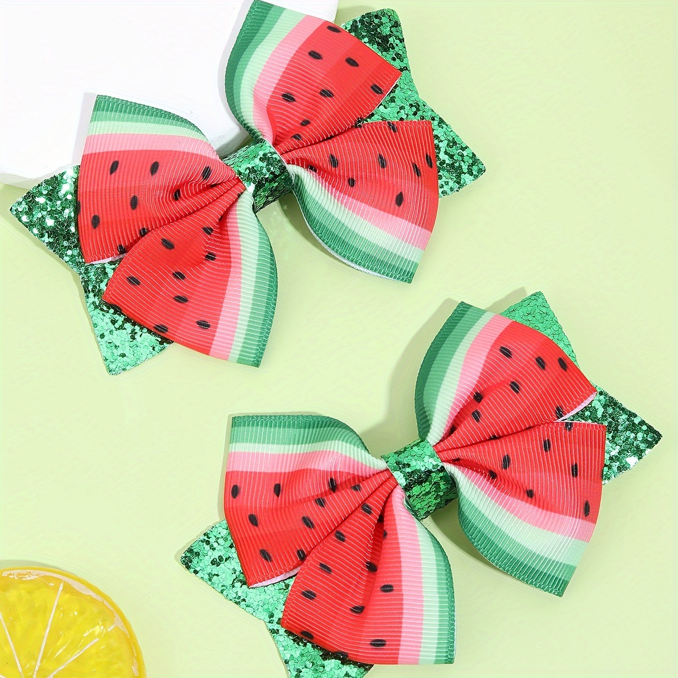 

2pcs Cute Watermelon Glitter Bow Hair Clips For Girls - Vibrant Ribbon Barrettes, Birthdays & Holidays, Watermelon Themed Items