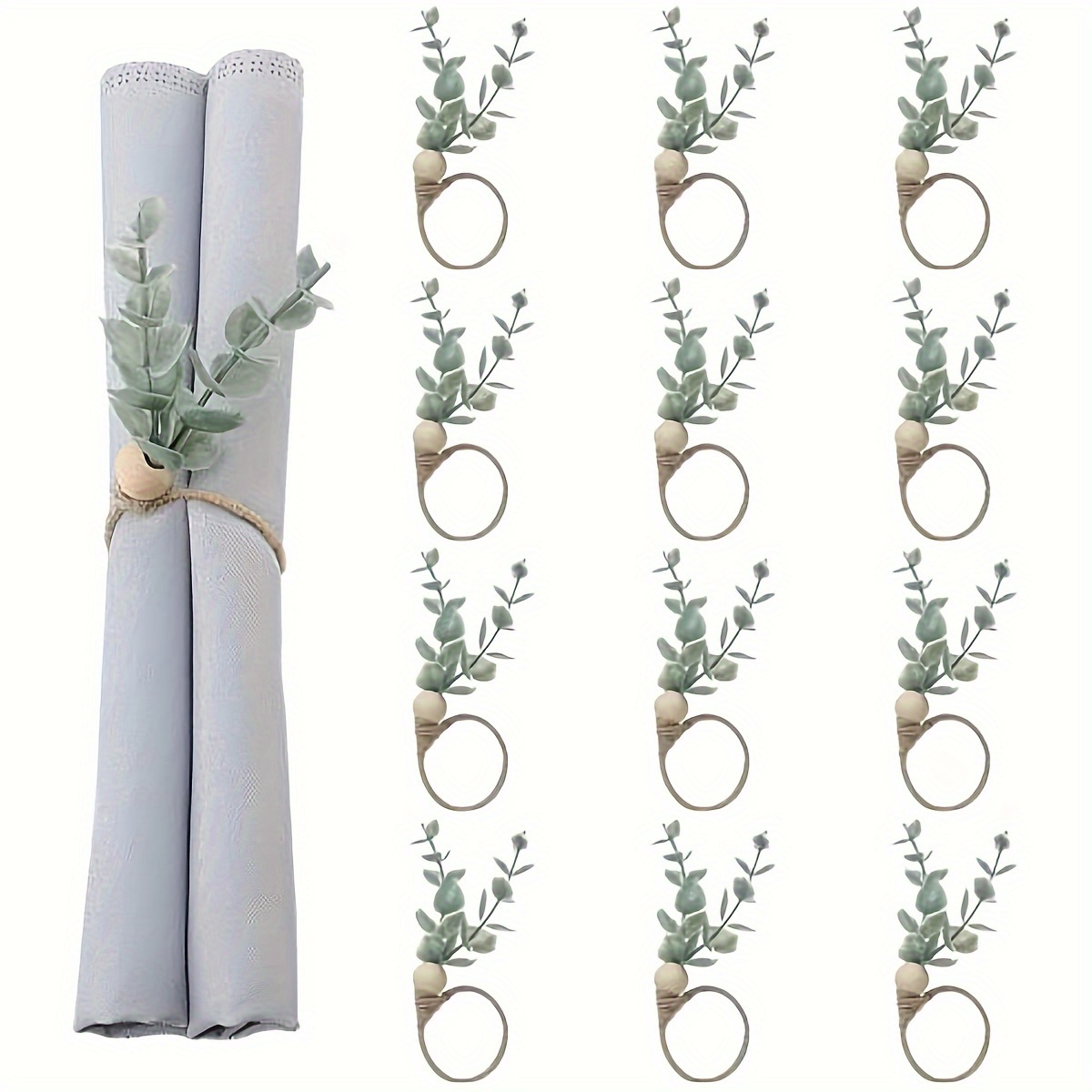 Eucalyptus Napkin Holders, Wooden Napkin Rings, Rustic Green Leaf Napkin Rings For Spring Wedding Table Decoration