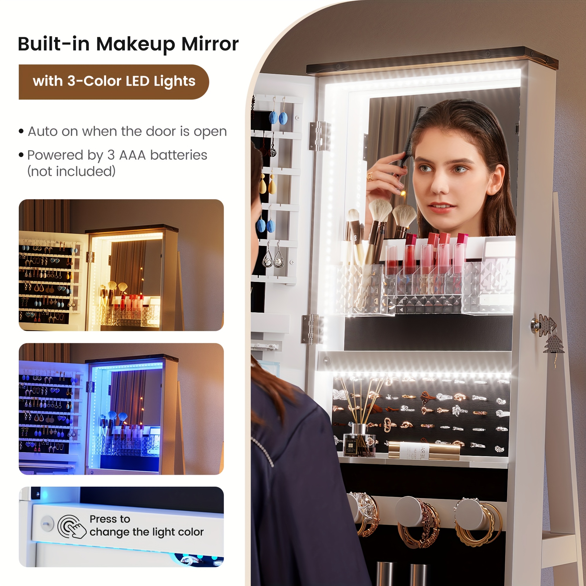 Lockable Vintage-Inspired 360° Swivel Jewelry Mirror Cabinet with Lights - Full Length Organizer with Storage Drawer for Bedroom Decor - Image 9