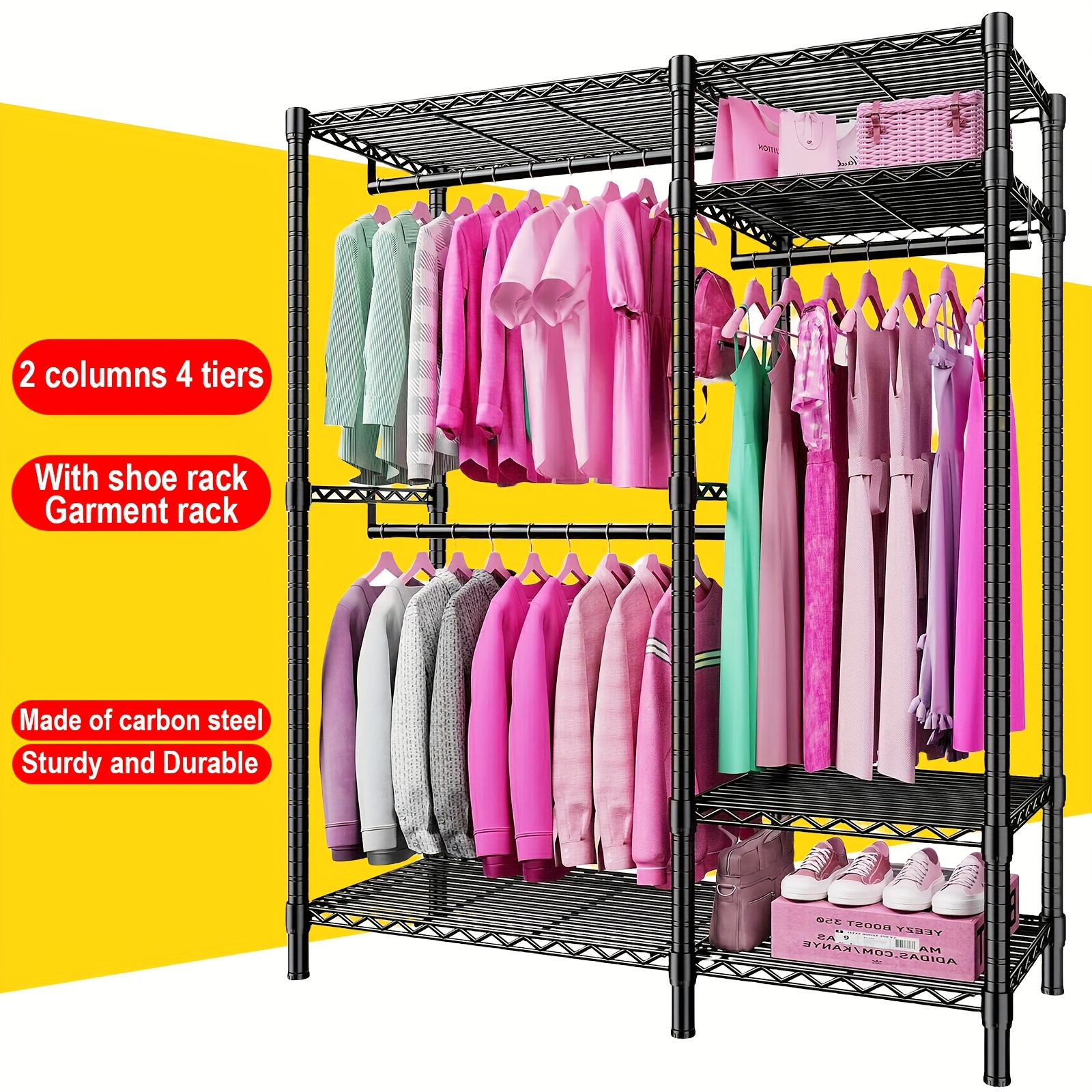 

Heavy-duty 4-tier Clothes Rack, 780 Lbs Capacity, Carbon Steel Organizer With 3 Hanging Rods, Freestanding Metal Garment Rack With Shoe Rack, Sturdy & Closet Storage, 45" W X 77" H X 17.5" D, Black