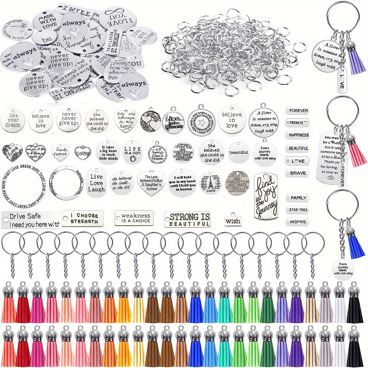 

50/100pcs Keychain Set Includes Motivational Word Charms Leather Keychain Tassels Chain Keychains, And Open Ring Findings For Diy Keychain Making